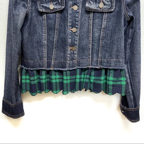 Umgee Denim Plaid Green Blue .Ruffle Hem Cropped Raw Hem Denim Jacket Small - Picture 3 of 7